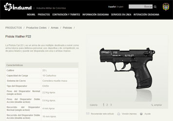 Walther P22 advertisement on the website of Indumil