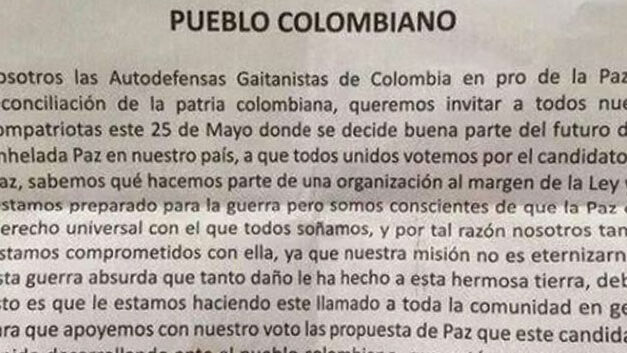 ‘Urabeños’ implicitly endorse Santos in Colombia’s 1st round election