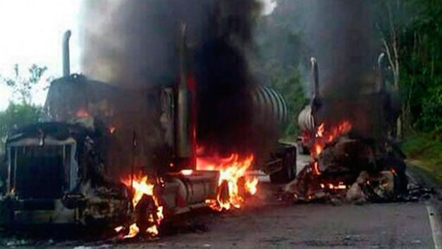 5 oil trucks set ablaze at roadblock in northern Colombia, ELN suspected