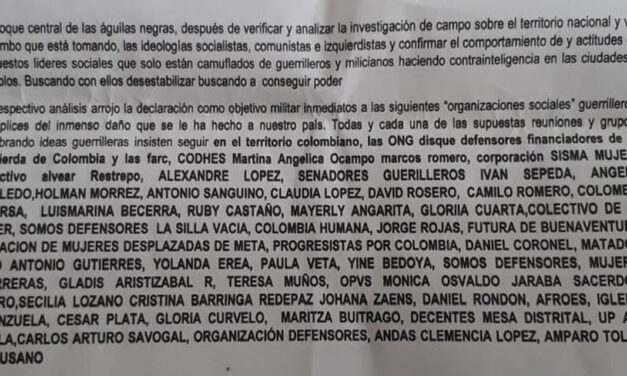 Far-right group in Colombia threatens congressmen, human rights advocates and journalists
